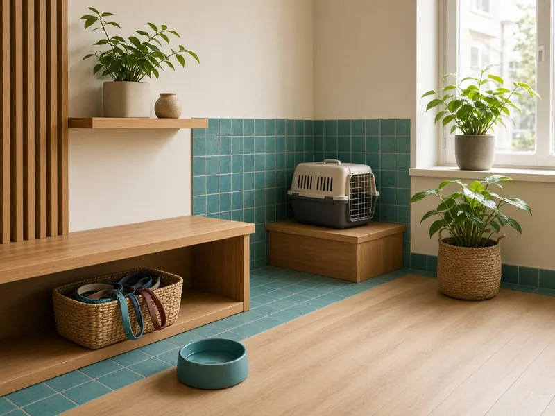Wachtruimte met een houten bank, groene tegels, een reismand, een waterbak en een mand met riemen